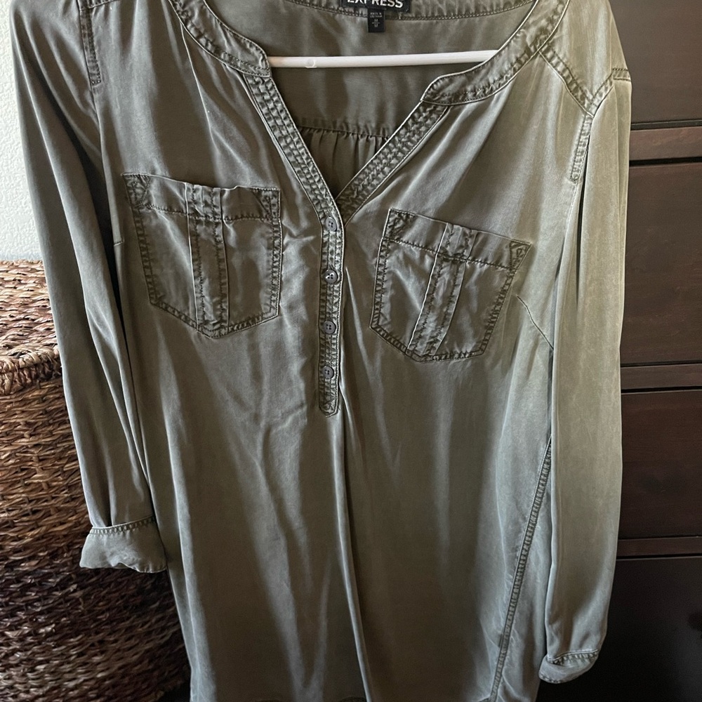 Express Olive Green Button-Up Blouse